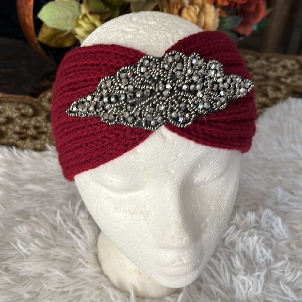 Wine Color Cable Knit Headband With Crystal Gun Metal Metallic Appliqué